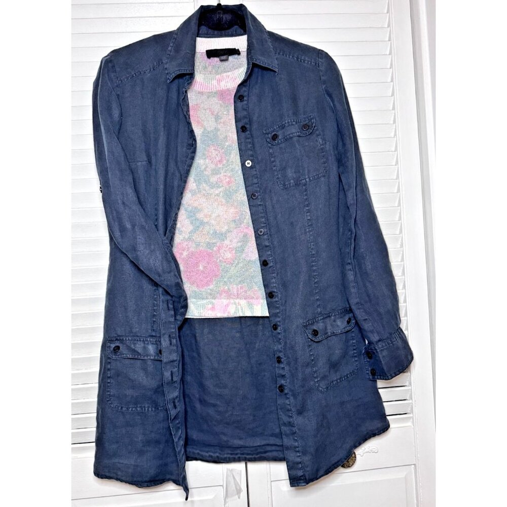 Womens French 100% Linen Navy Blue Roll Tab Sleeve Tunic Shirt Jacket Size Small